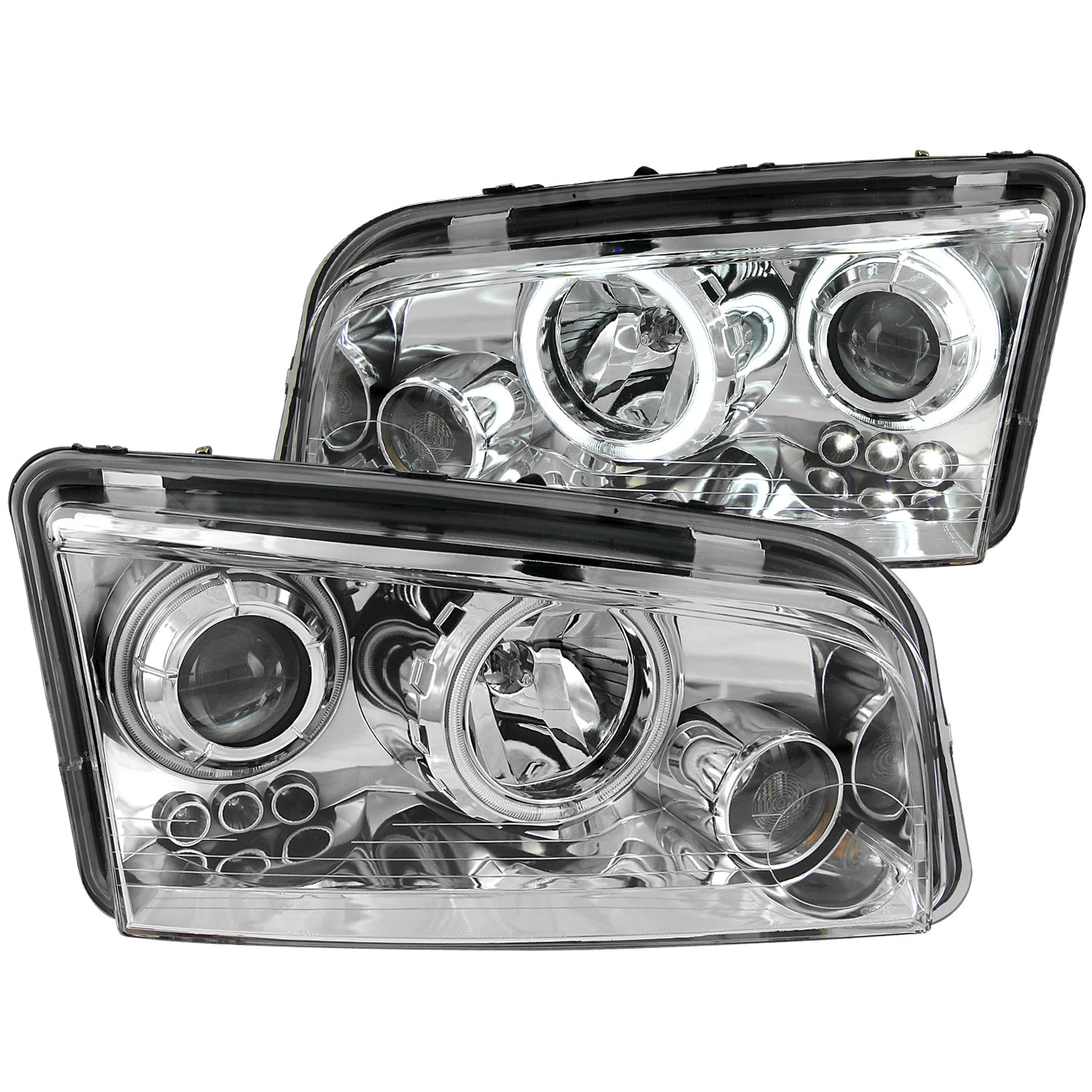 2006-2010 Dodge Charger ANZO Project Halo Head Lights w/Halogen Bulbs, Clear Lens & Chrome Housing (CCFL)