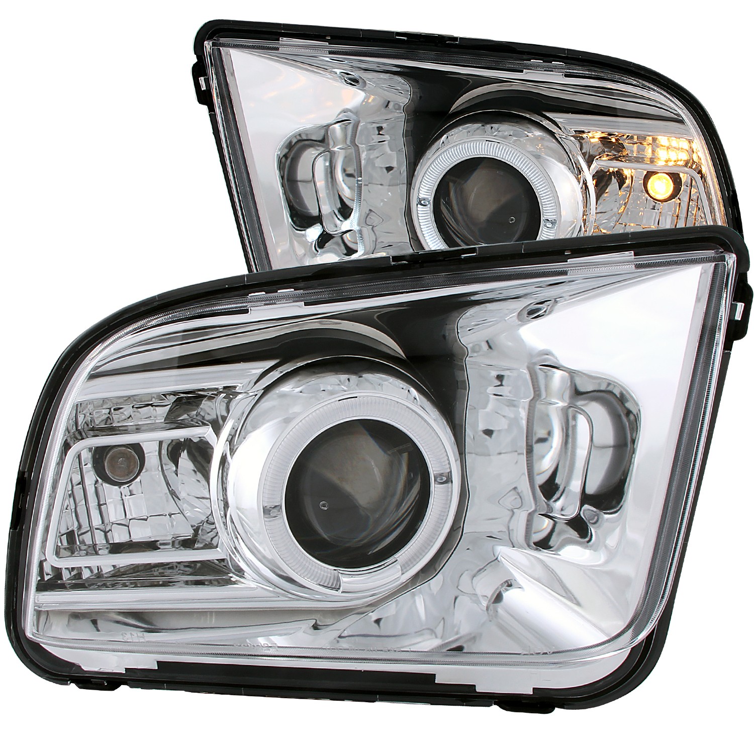 2005-2009 Ford Mustang ANZO Projector Headlights w/Chrome Background & Halo (2010 Style)