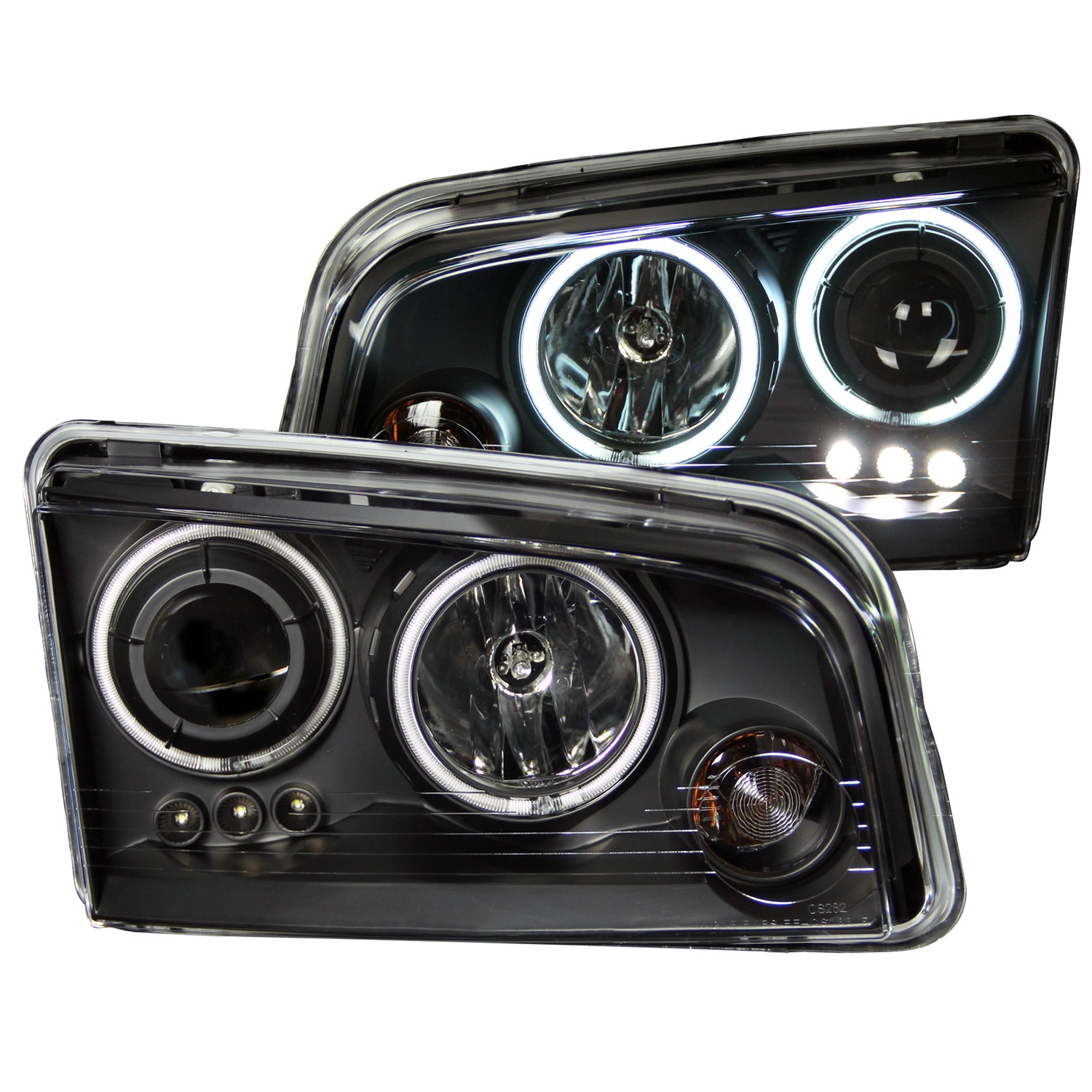 2006-2010 Dodge Charger ANZO Project Halo Head Lights & LED w/Halogen Bulbs, Clear Lens & Black Housing