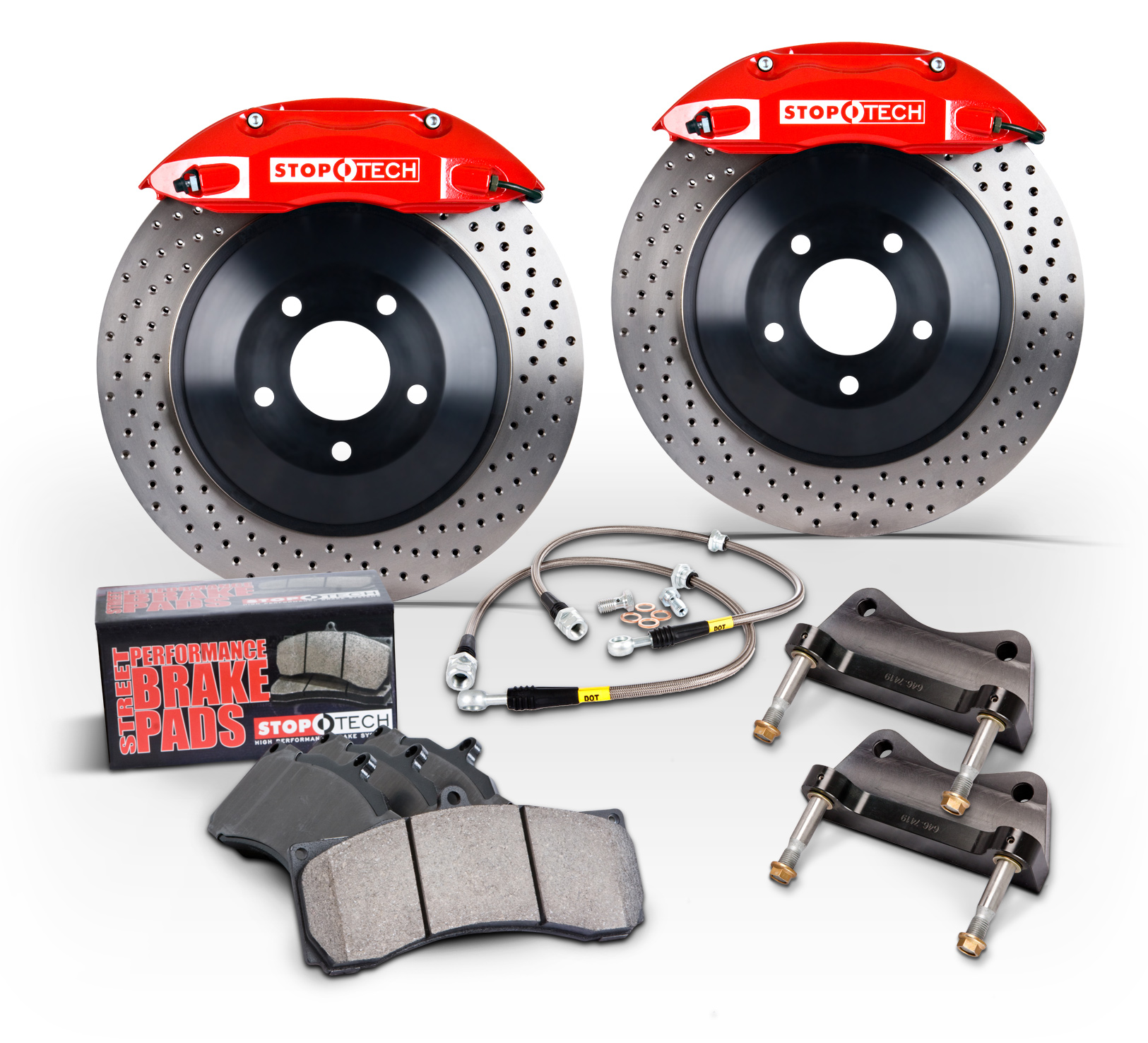 2015+ Ford Mustang GT Stoptech Red Front Big Brake Kit w/1pc 380x34mm Drilled Rotors