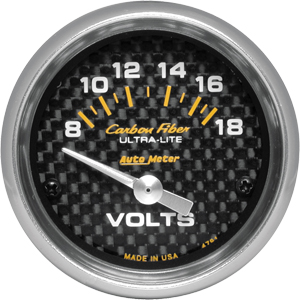 Auto Meter Carbon Fiber Series 2 1/16" Electric Short Sweep Voltmeter Gauge - 8-18 Volts