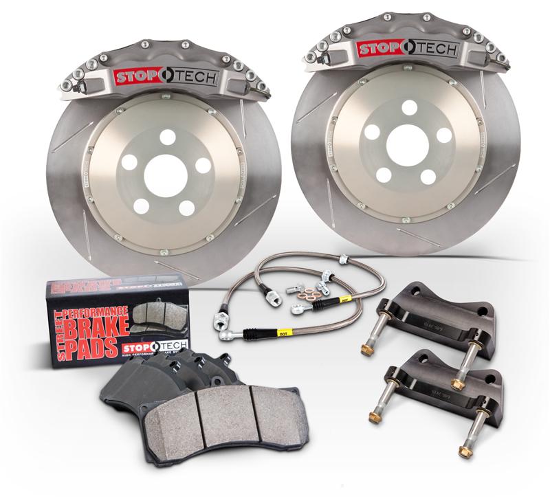 2007-2010 Ford Mustang GT500 Stoptech Front Trophy Sport Brake Kit w/Silver 6 Piston Calipers & 2pc Slotted Rotors